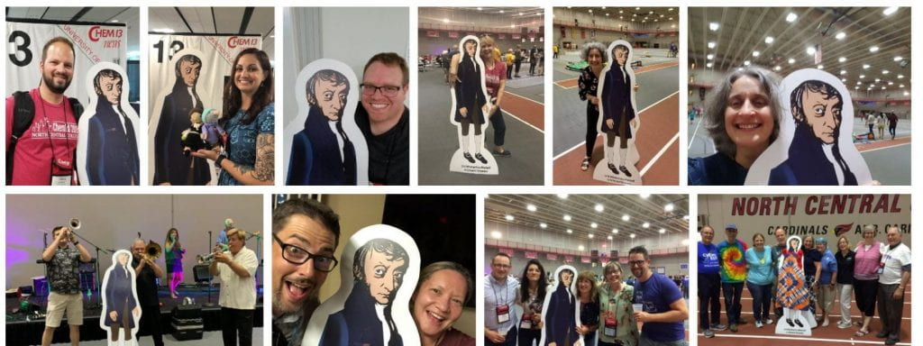 a collage of photos showing people with a life-size Avogadro