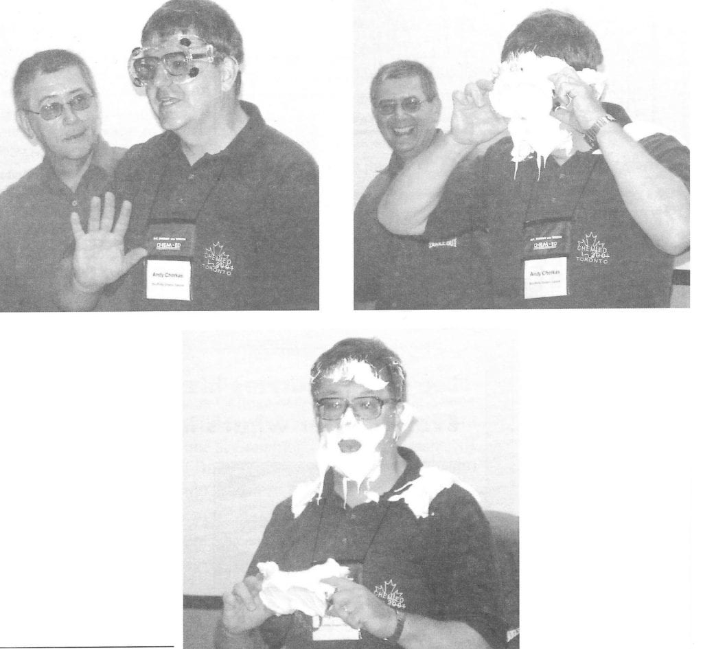 Three photos showing Andy Cherkas getting a pie in the face but he is wearing goggles so his eyes do not get any cream