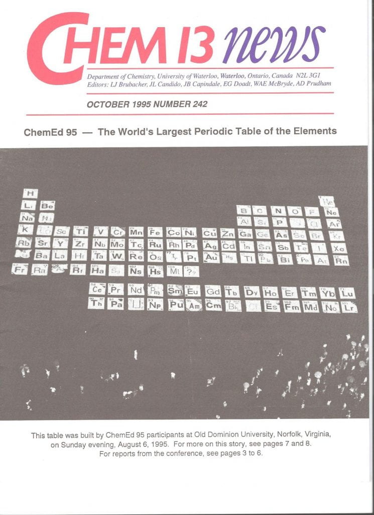 a cover of Chem 13 News from 1995 showing a periodic table on a football field created with bedsheets