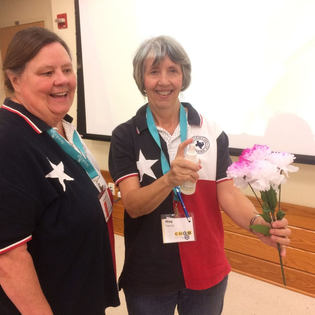 Meg Young and Melissa Jones demo on colouring white tissue flowers 