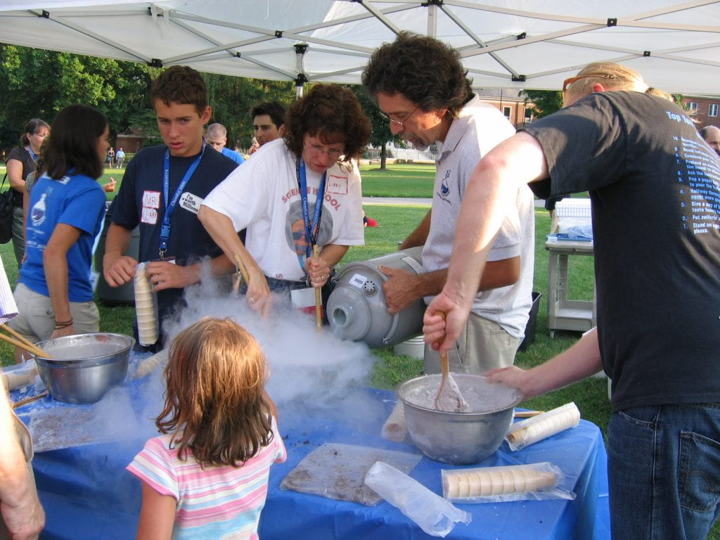 Outside picnic with someone pouring a dewar of liquid nitrogen into a stainless steel bowl to make ice cream