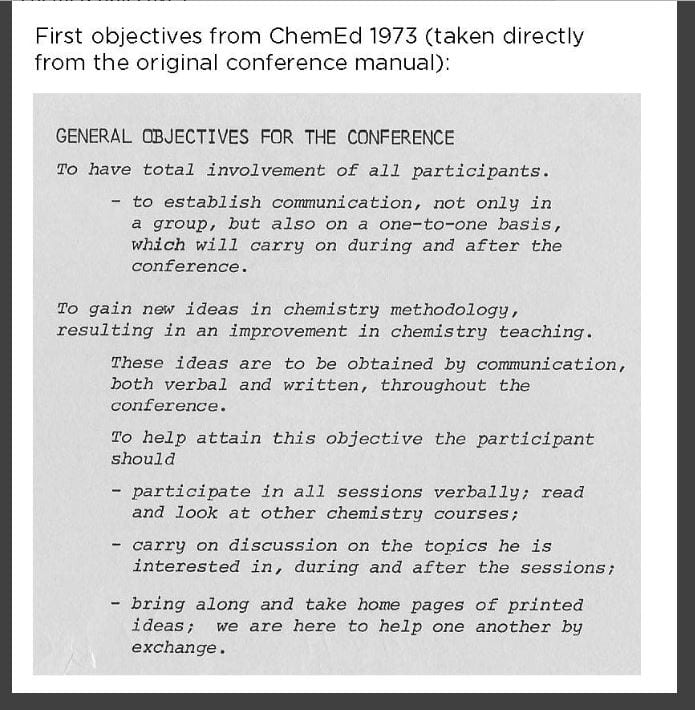 a snapshot of the 1973 ChemEd 1973 conference manual with program objectives 