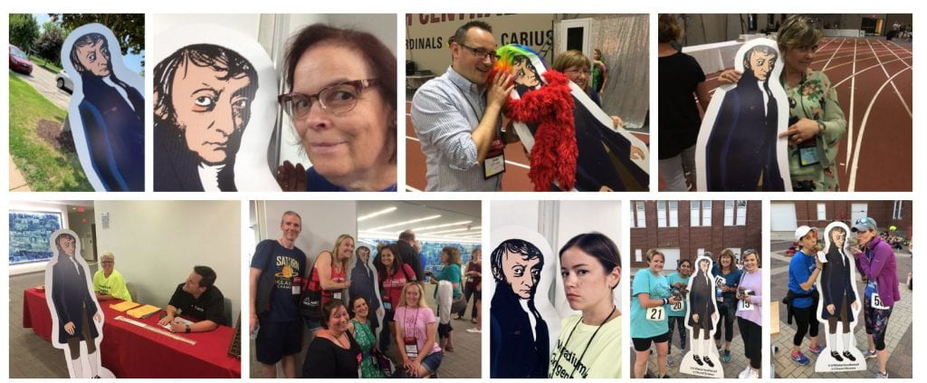 life-size cut out of Avogadro taking selfies at different conference locations with everyone smiling